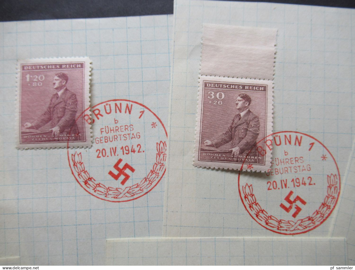 DR Böhmen Und Mähren Hitler Marken Auf Papier 1942 Roter Sonderstempel Brünn 1 Führers Geburtstag / 8 Stk. / Teils OR - Gebruikt