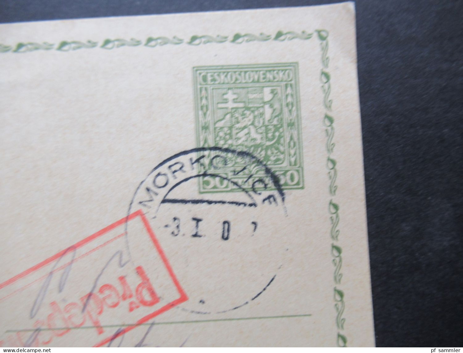 DR Böhmen Und Mähren 1940 Weiterverwendung Von CSSR Ganzsache Stempel Morkovice U. Roter Stp. Predepsano Dne - Covers & Documents