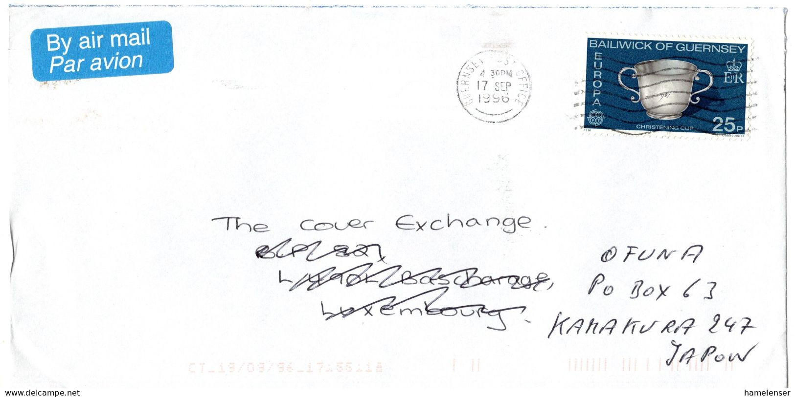 L66100 - Guernsey - 1996 - 25p CEPT '76 EF A Bf GUERNSEY -> BASCHARAGE (Luxemburg), Nachgesandt Nach Japan - Guernsey