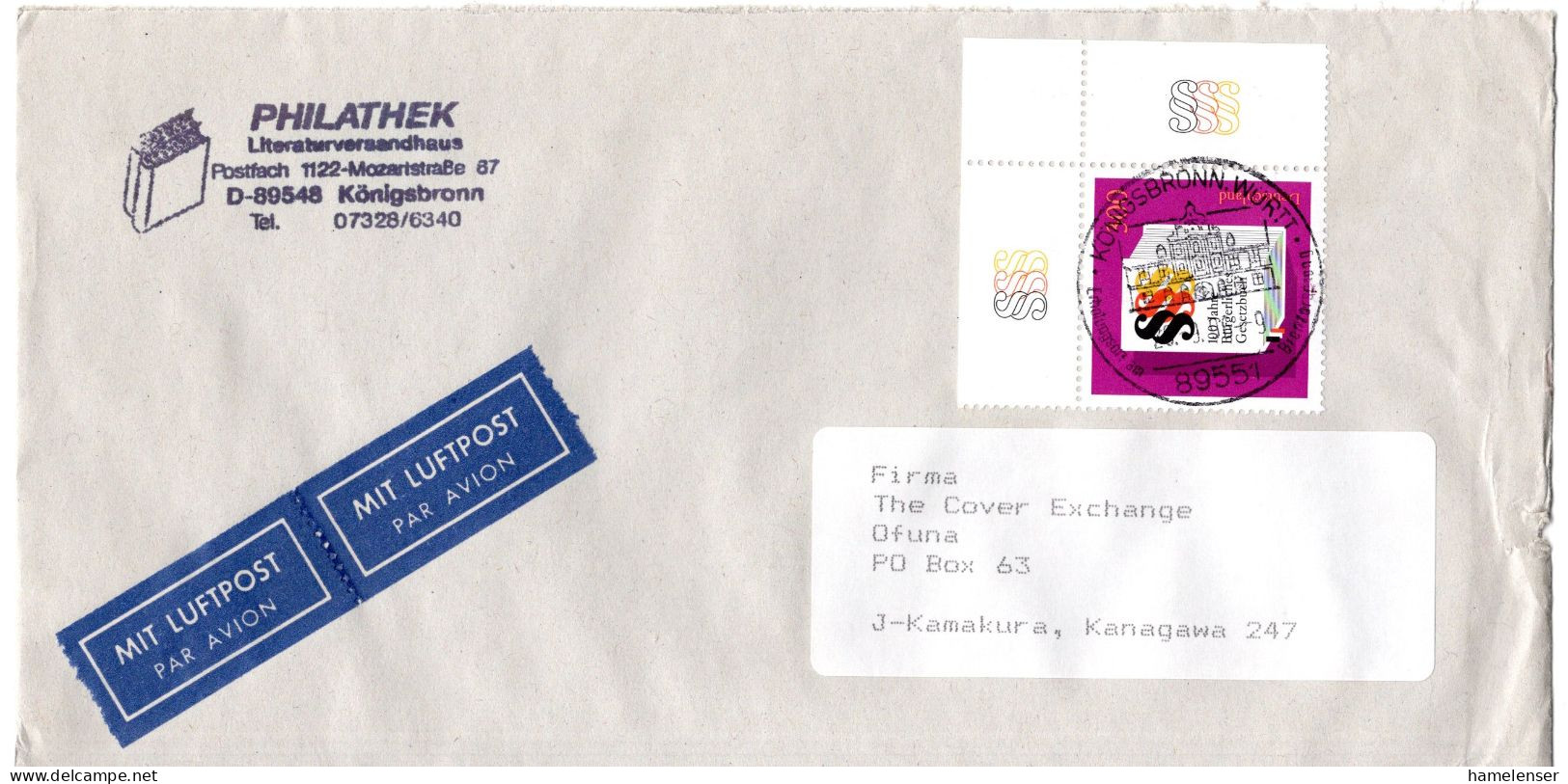 L66101 - Bund - 1996 - 300Pfg BGB EF A LpBf KOENIGSBRONN -> Japan - Storia Postale