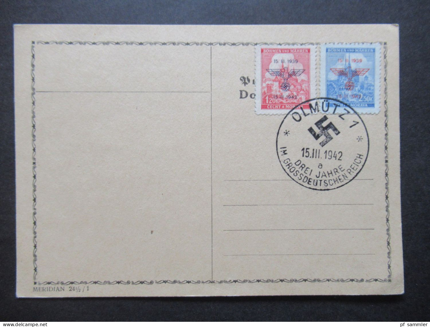 DR Böhmen und Mähren 1942 blanko Postkarte mit Nr.83 / 84 mit Sonderstempel Olmütz 1 Drei Jahre im Grossdeutschen Reich