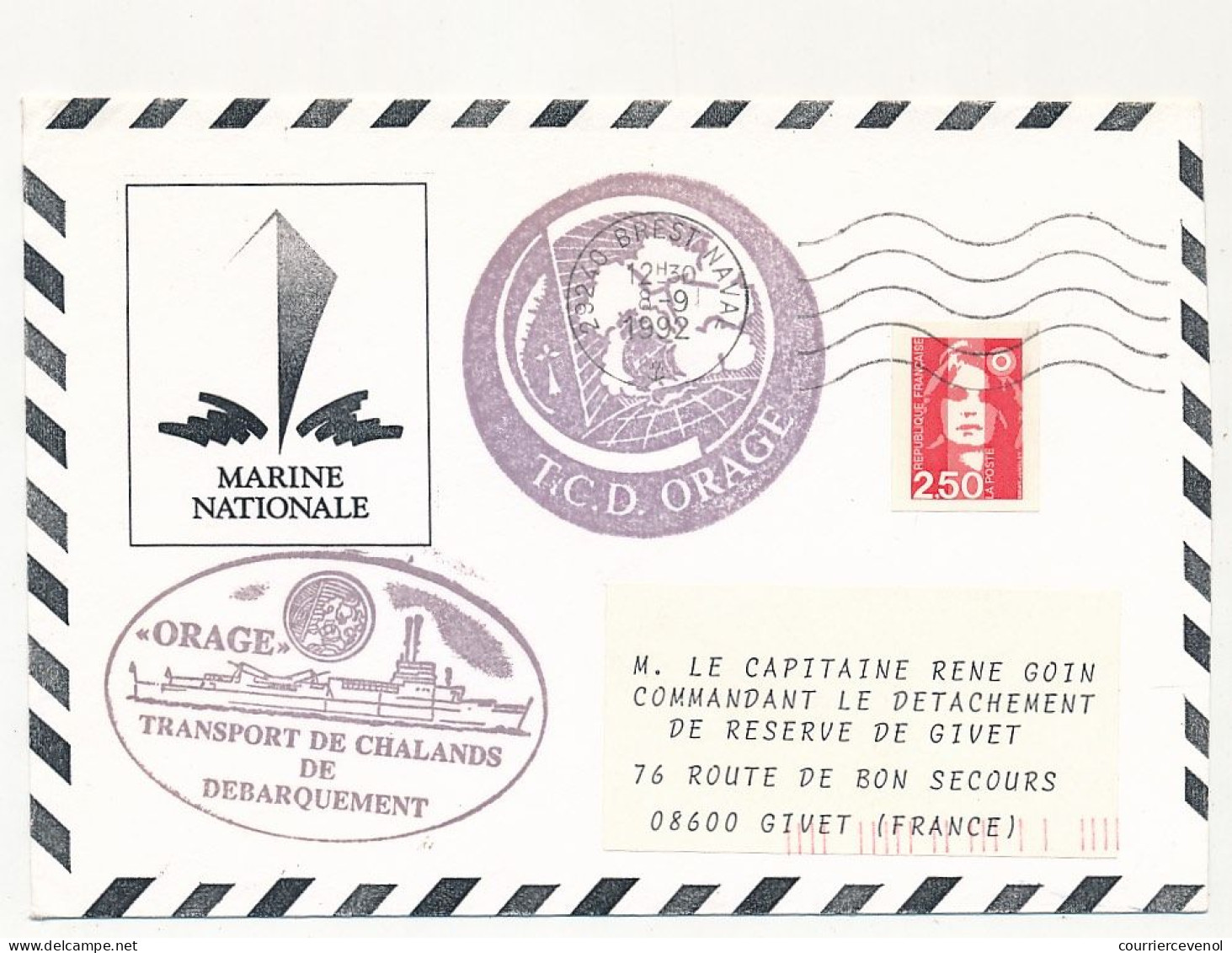 FRANCE - Env. Aff. 2,50 Briat OMEC Brest Naval 1992 / Photocopie TCD Orage - Poste Navale