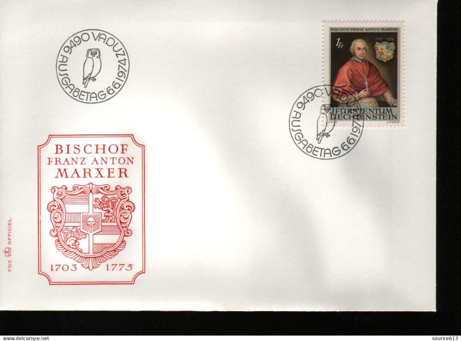 Fdc Liechtenstein 1974 Religions >  Théologiens    Bischof Evêque Franz Anton Marxer 1703 1775 Blason - Theologians