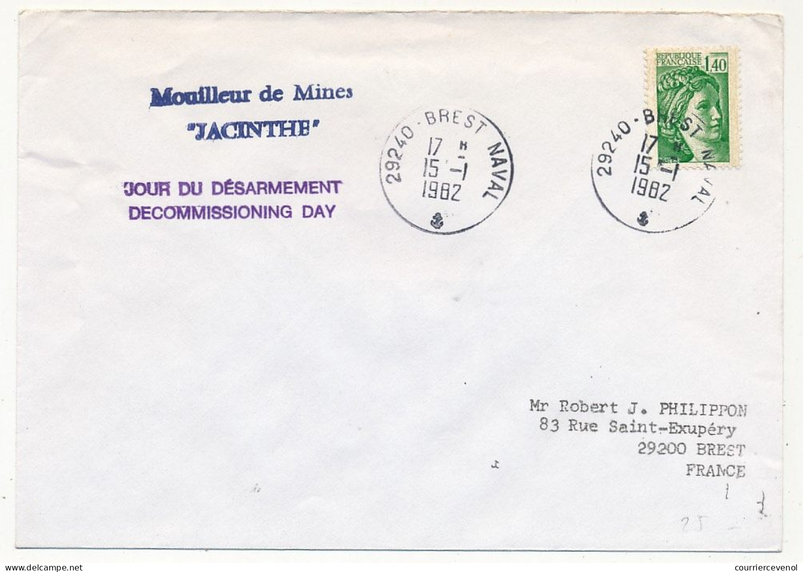 FRANCE - Env. Aff. 1,40 Liberté Cad 29240 Brest Naval 15/1/1982 + "Mouilleur De Mines JACINTHE" - Naval Post