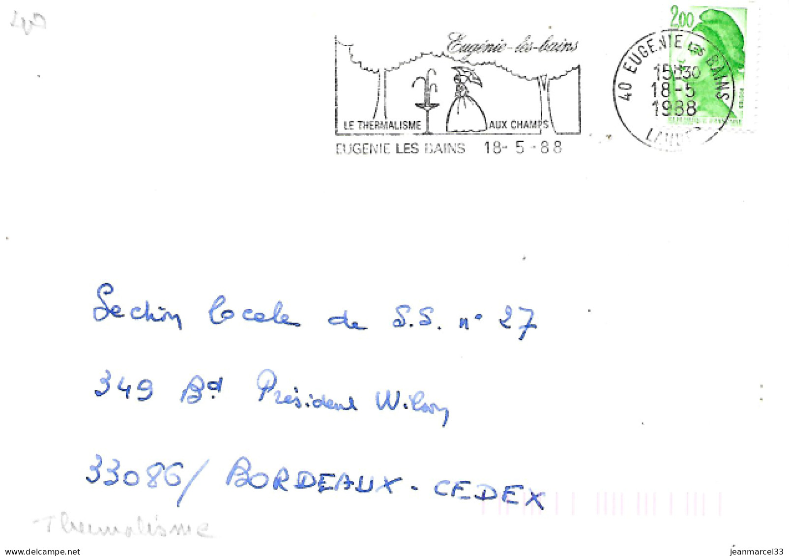 Lettre Thermalisme Flamme Illustrée =o 40 Eugènie Les Bains 18-5-88 - Hydrotherapy