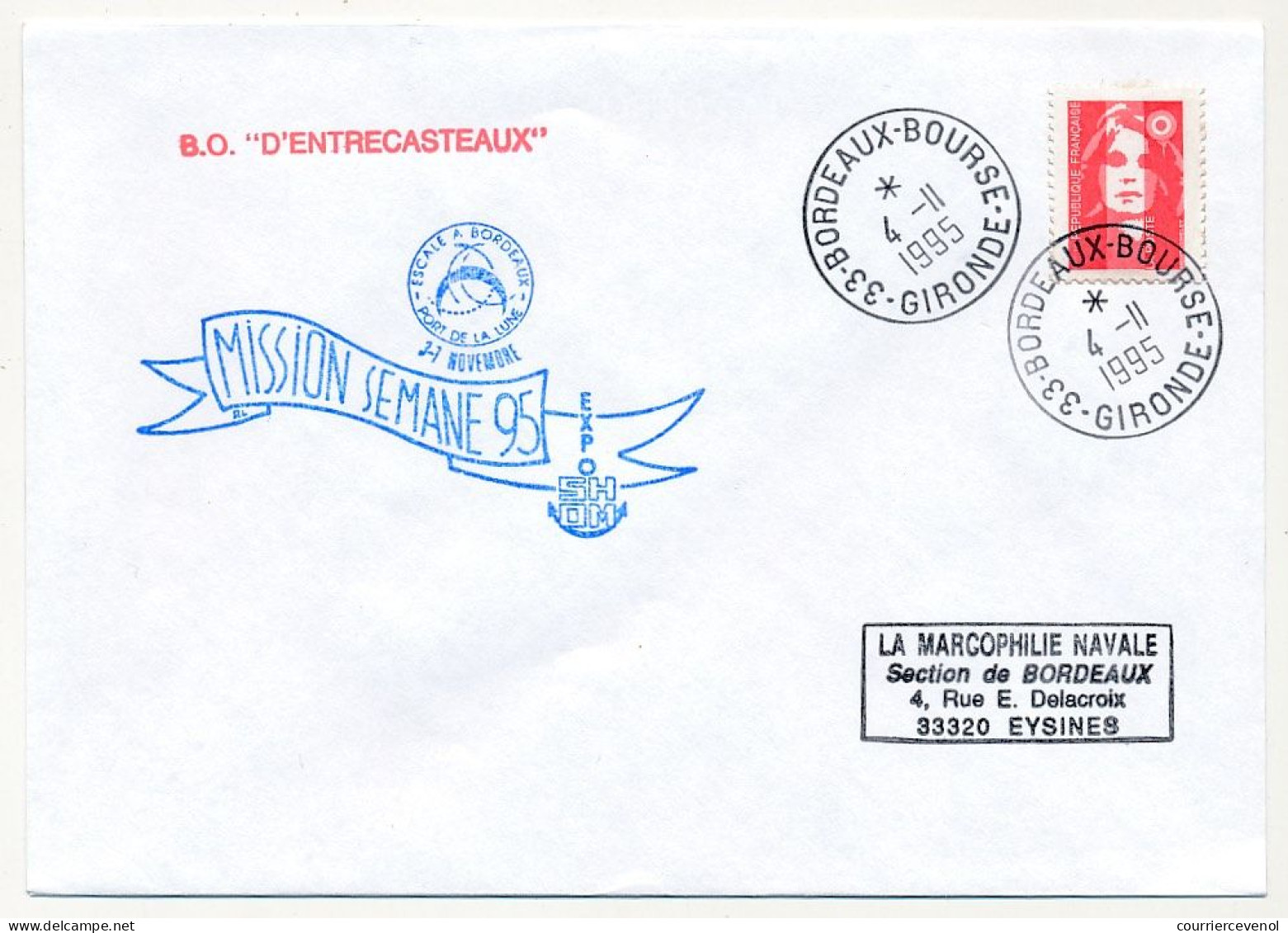 FRANCE - Env. Aff. Briat Cad 33 Bordeaux Bourse 4/11/1995 + "Mission Semaine 95 - B.O. D'Entrecasteaux" - Naval Post