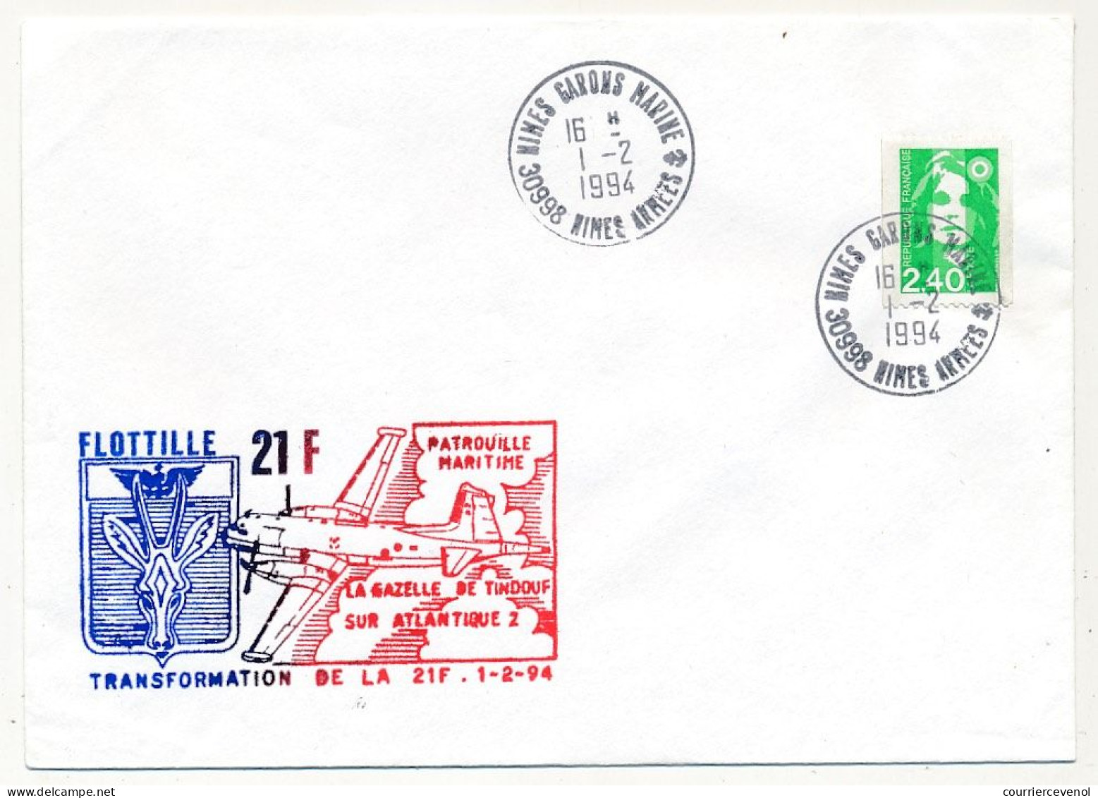 FRANCE - Env. Aff. 2,40 Briat Cad NIMES GARONS MARINE 1/2/1994 + "Flottille 21F Patrouille Maritime..." - Naval Post