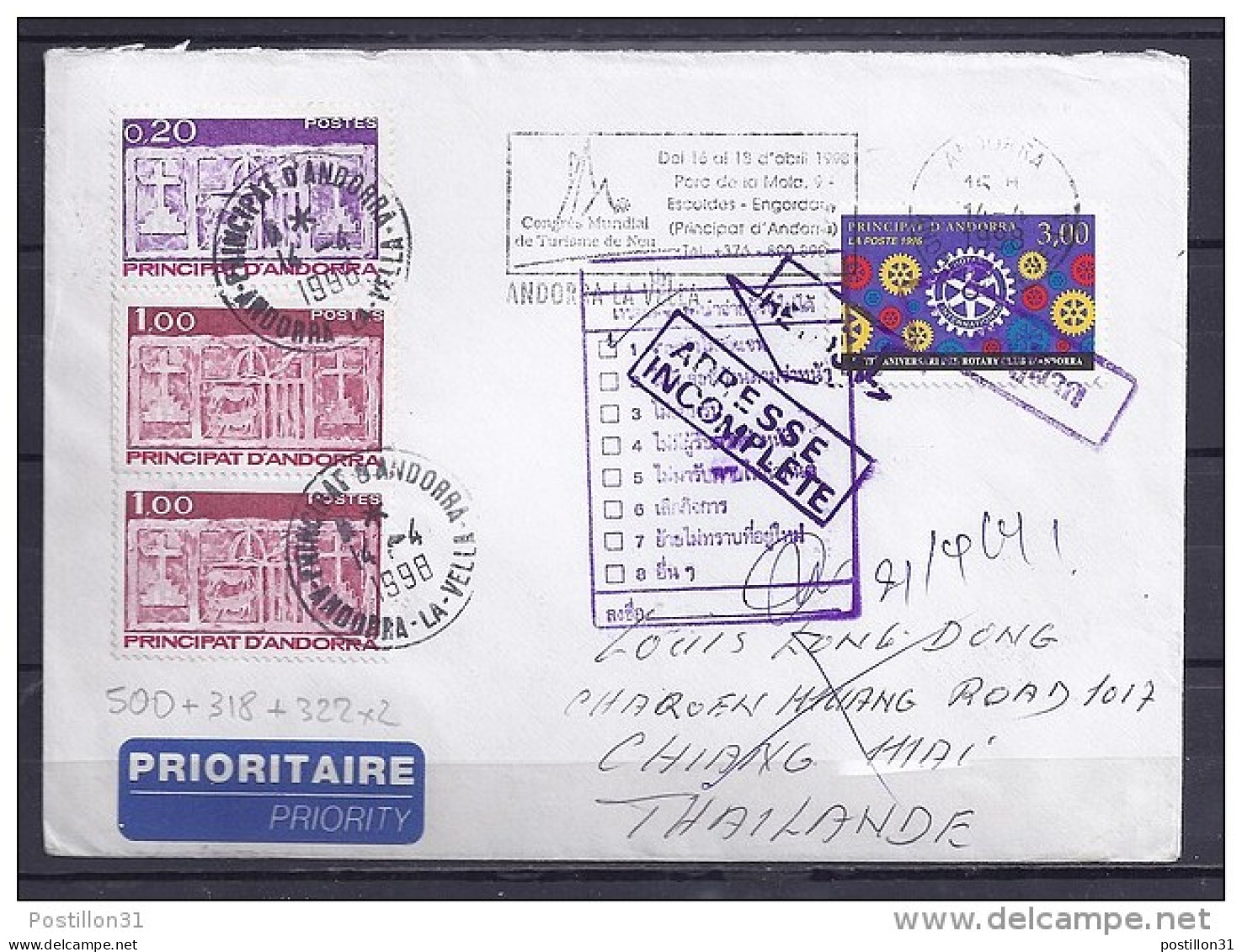 ANDORRE TP N°500+322x2+318 SUR LETTRE DU 14.4.98 POUR LA THAILANDE - Brieven En Documenten