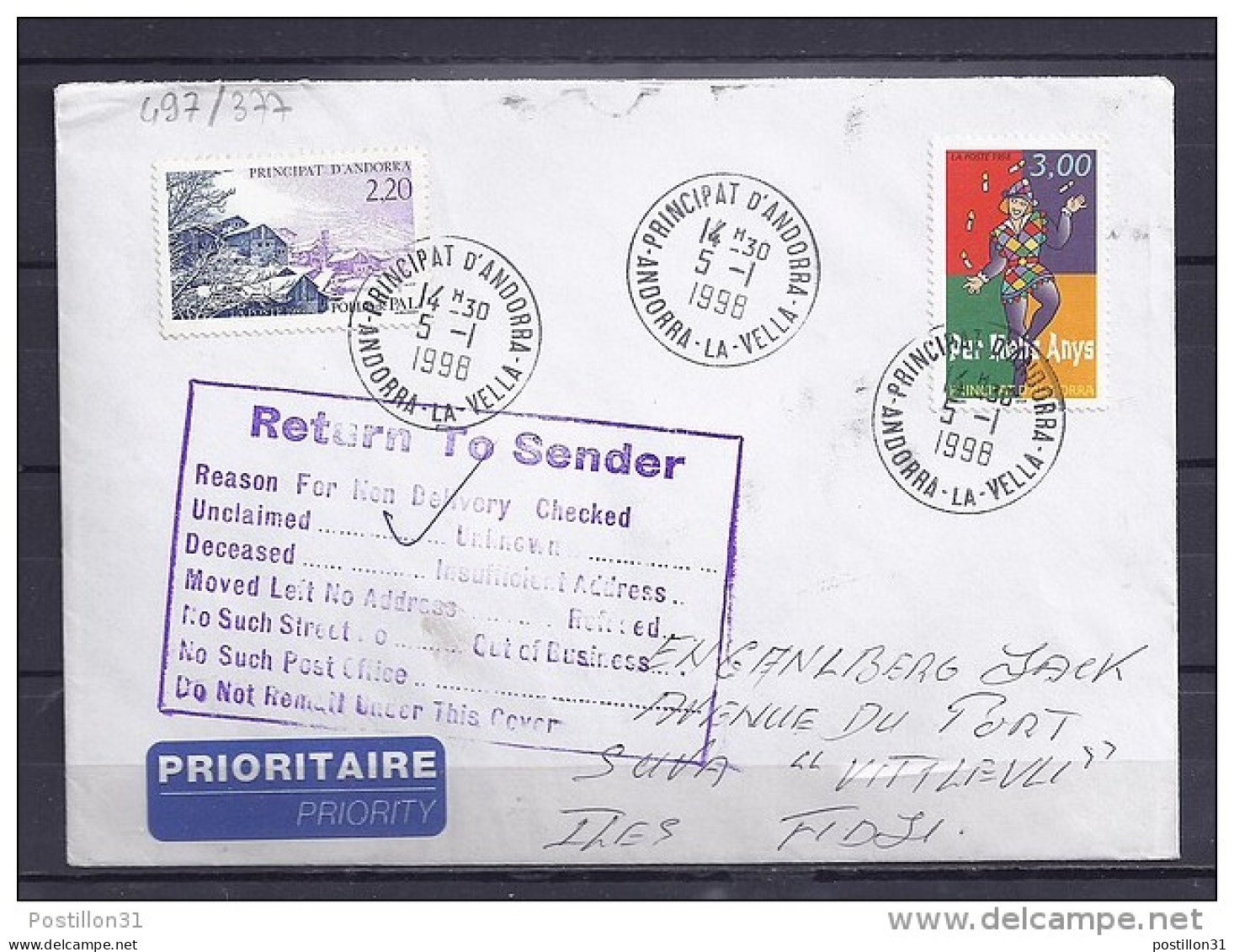 ANDORRE TP N°497+377 SUR LETTRE DU 5.1.98 POUR LES ILES FIDJI - Cartas & Documentos