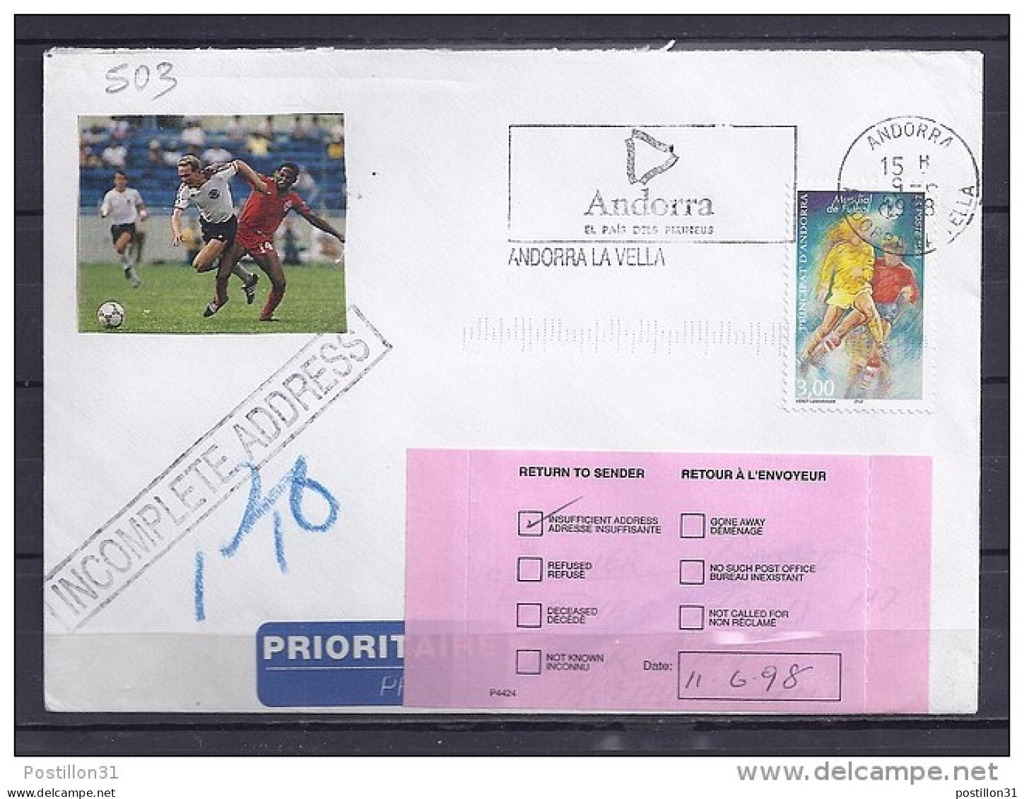 ANDORRE TP N°503 SUR LETTRE DU 9.6.98 POUR L'ANGLETERRE - Storia Postale