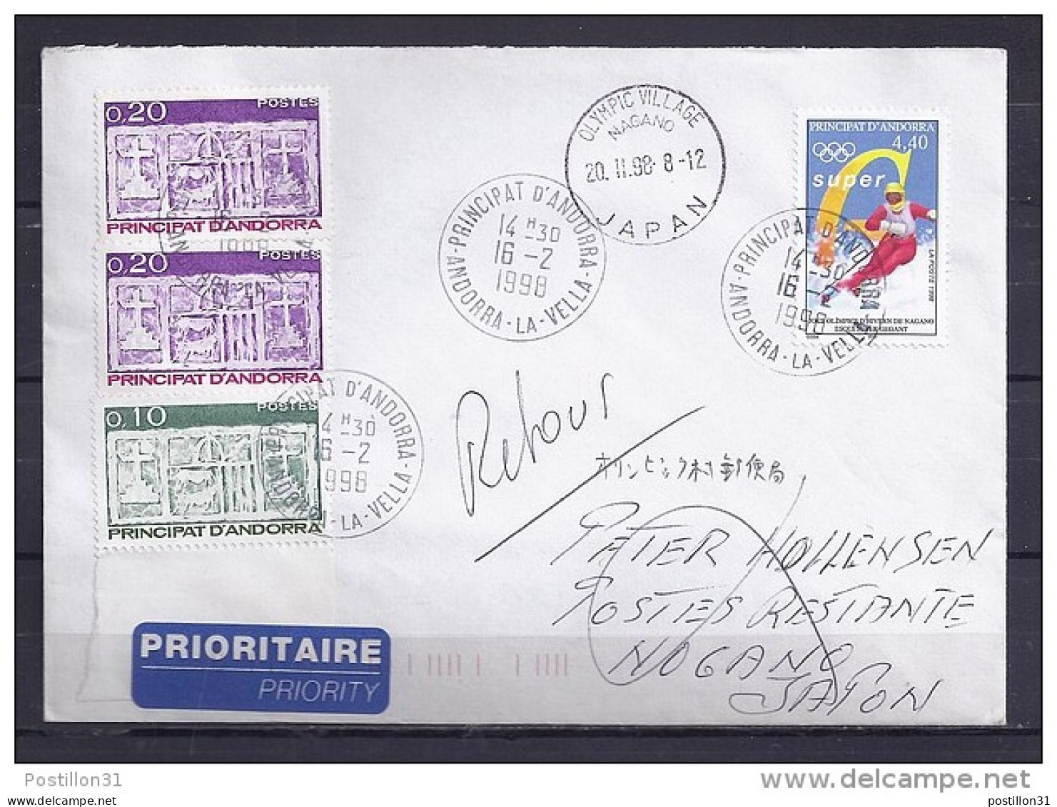 ANDORRE TP N°498+317+318x2 SUR LETTRE DU 16.2.98 POUR NOGANO/VILLAGE OLYMPIQUE/JAPON - Storia Postale