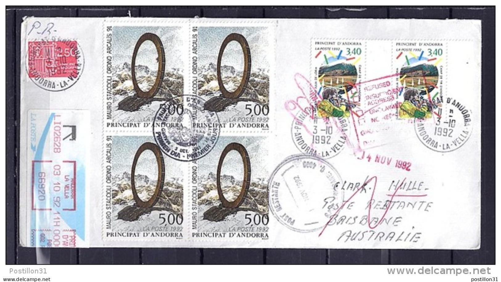 ANDORRE N° 423x4/419x2/409 (TAXE PR)  SUR LETTRE REC.DU 3.10.92 POUR AUSTRALIE + RETOUR - Briefe U. Dokumente