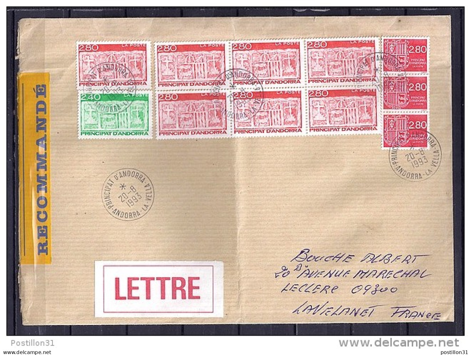 ANDORRE N° 437x7/436/435x3 SUR LETTRE RECOMMANDEE DU 20.8.93 POUR FRANCE - Brieven En Documenten