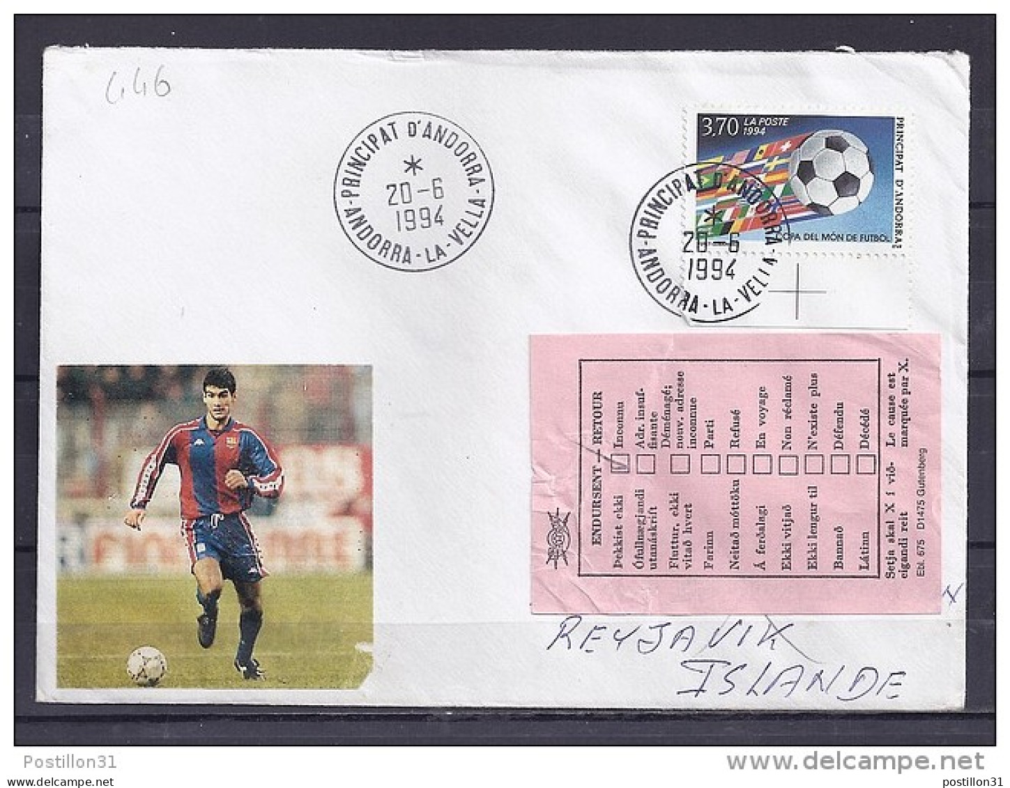 ANDORRE TP N°446 SUR LETTRE DU 20.6.94 POUR L'ISLANDE - Briefe U. Dokumente