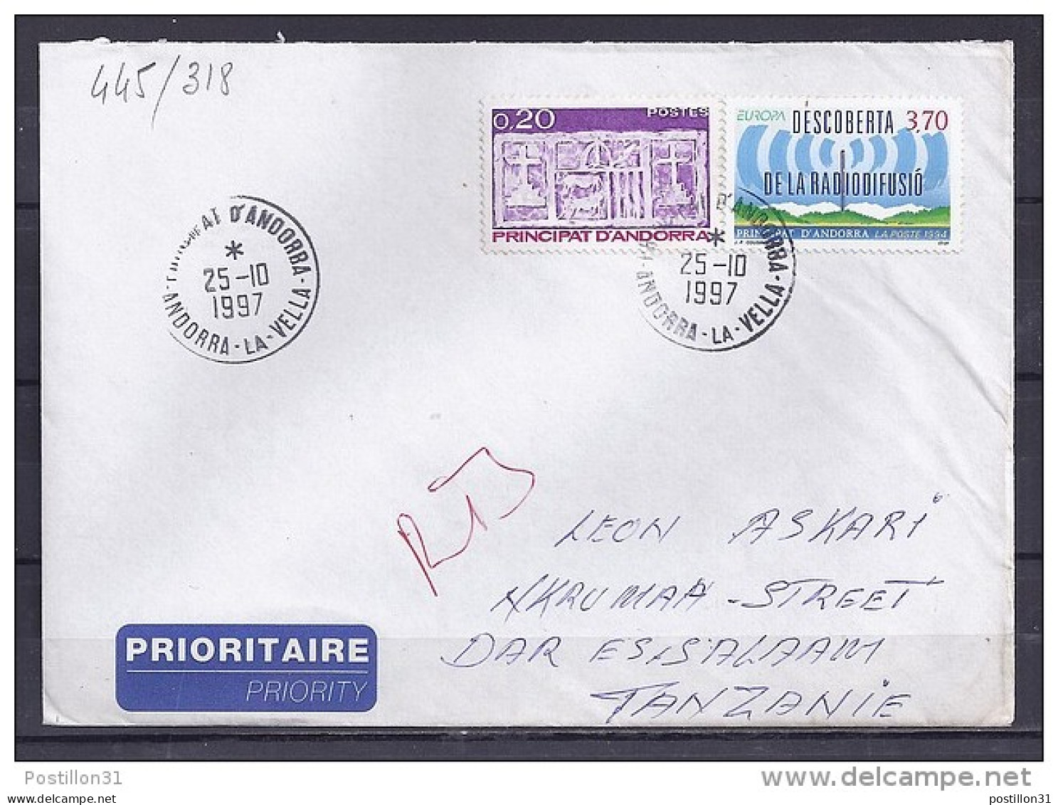 ANDORRE TP N°445+318 SUR LETTRE DU 25.10.97 POUR LA TANZANIE - Lettres & Documents