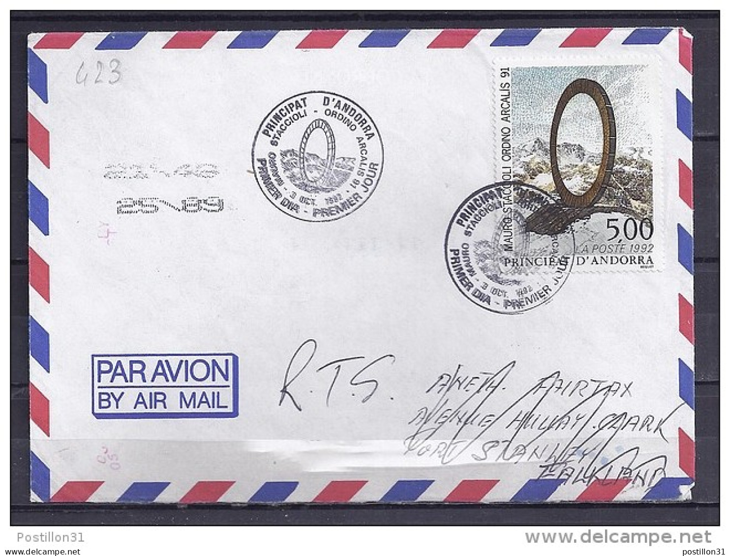 ANDORRE N° 423 SUR LETTRE DU 3.10.92 (1° JOUR) POUR FAUKLAND + RETOUR - Lettres & Documents