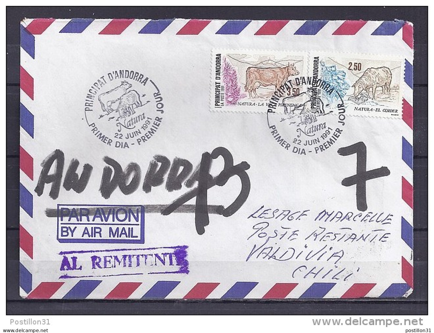 ANDORRE N° 405+406 SUR LETTRE DU 22.6.91 (1° JOUR) POUR CHILI + RETOUR - Storia Postale