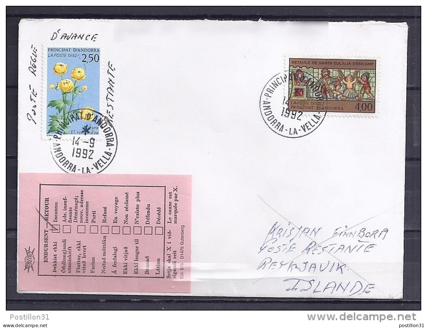 ANDORRE N° 420 + 422 (POSTE RESTANTE) SUR LETTRE DU 14.9.92 POUR ISLANDE + RETOUR - Lettres & Documents