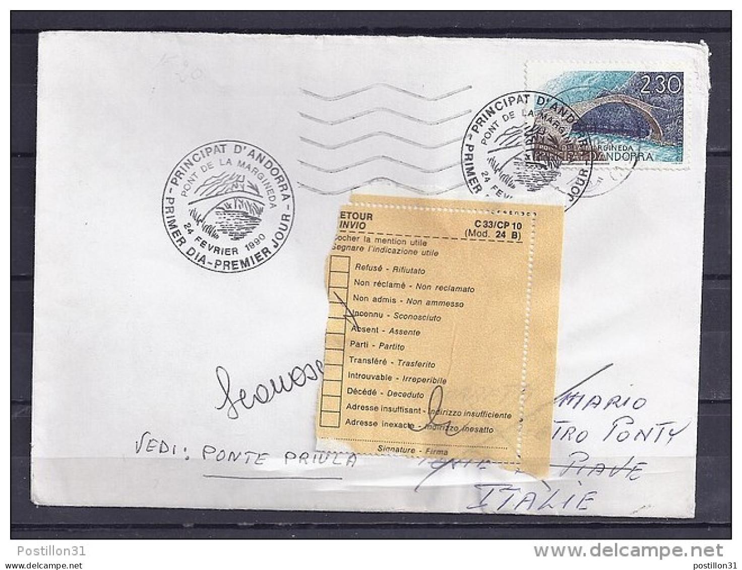 ANDORRE N° 385 SUR LETTRE DU 24.2.90 (1° JOUR) POUR ITALIE + RETOUR - Lettres & Documents