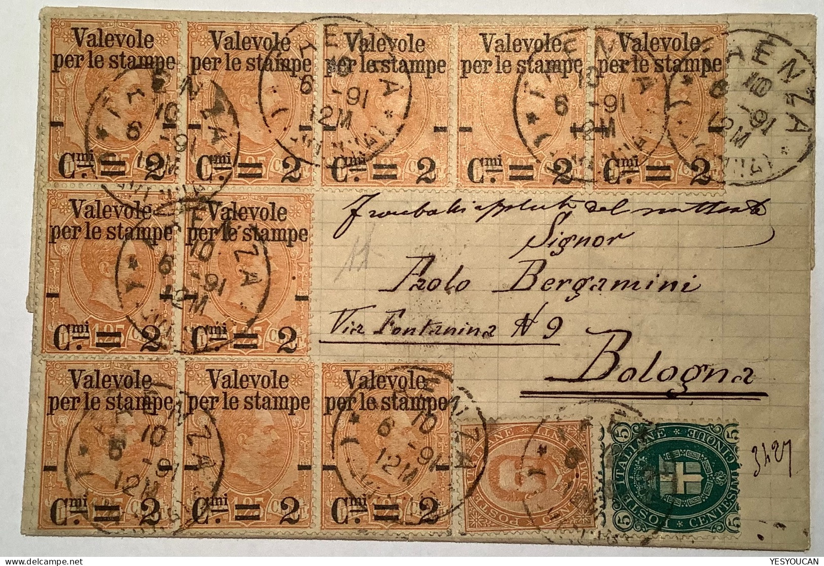 FAENZA 1891 (Ravenna, Emilia Romagna)Sa54 Lettera>Bologna EX PROVERA (Regno D‘ Italia Stampe Pacchi Postali Italy Cover - Marcophilie