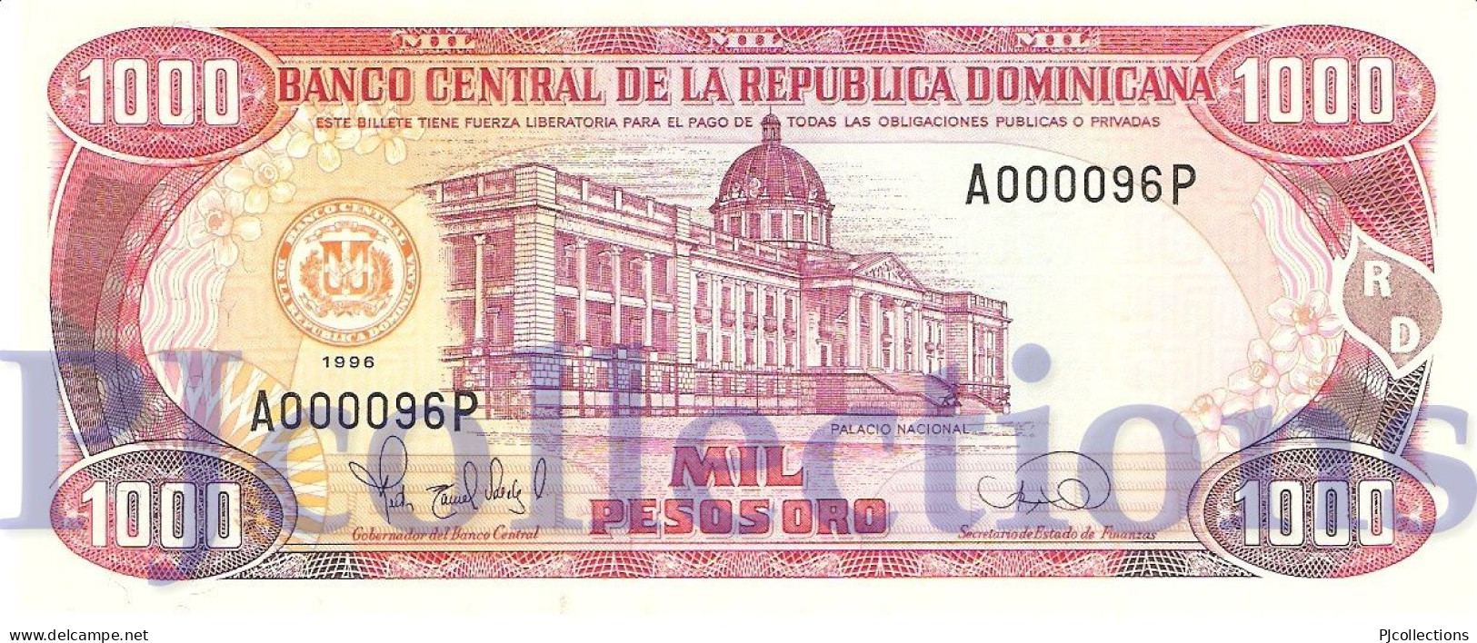 DOMINICAN REPUBLIC 1000 PESOS ORO 1996 PICK 158a UNC LOW SERIAL NUMBER A000096P - Dominicaine