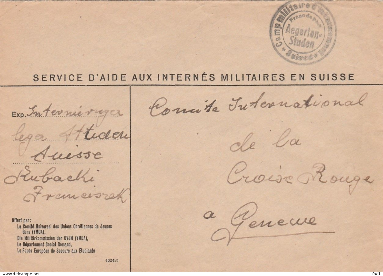 WW2 - Suisse - Camp Militaire D'internement D'Aegerten Studen Vers CICR à Genève - Postmarks