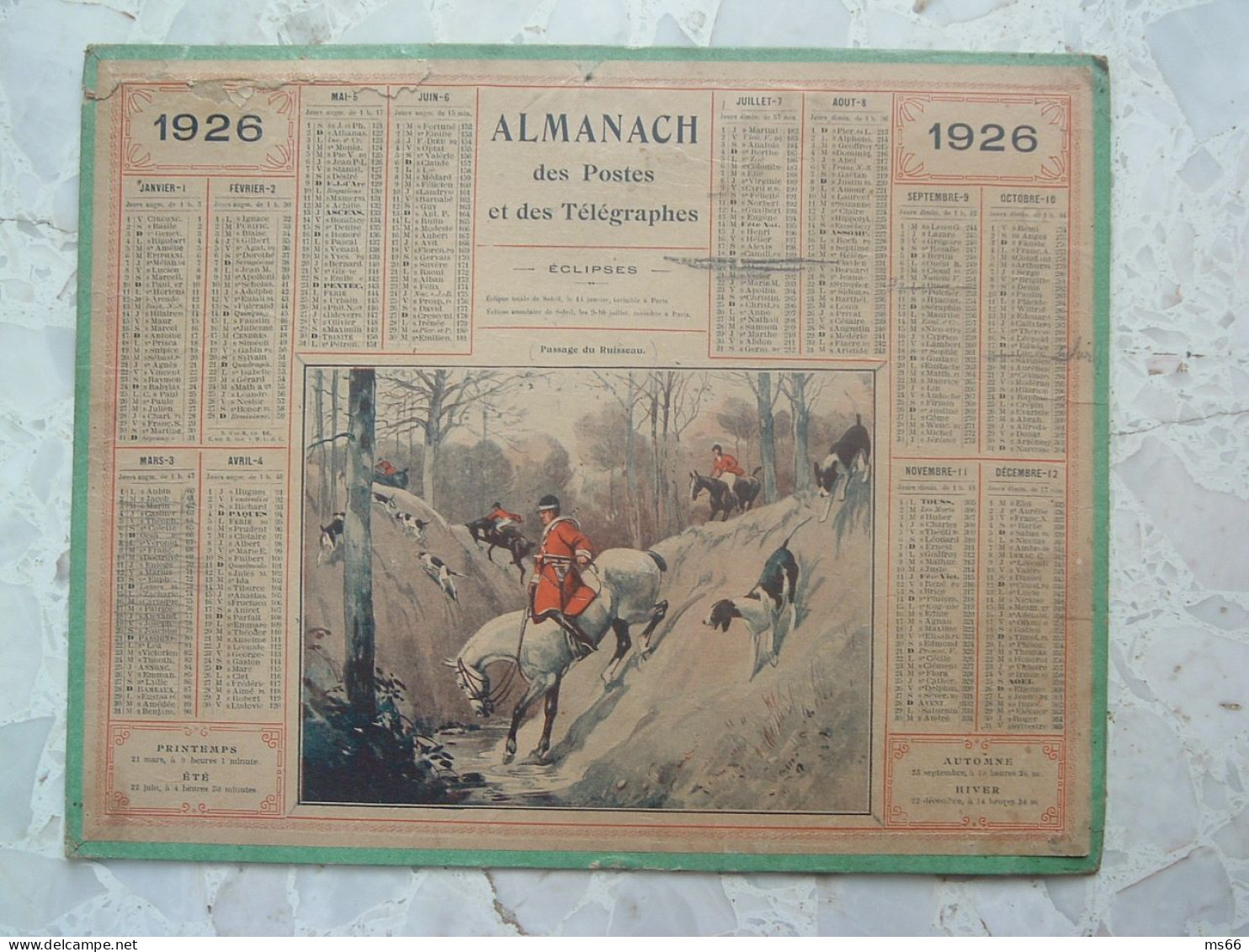 CALENDRIER 1926 POSTES & TELEGRAPHES Cartonné, Chasse à Courre, éphéméride Chasseur Cheval PTT Facteur Etrennes - Formato Grande : 1921-40