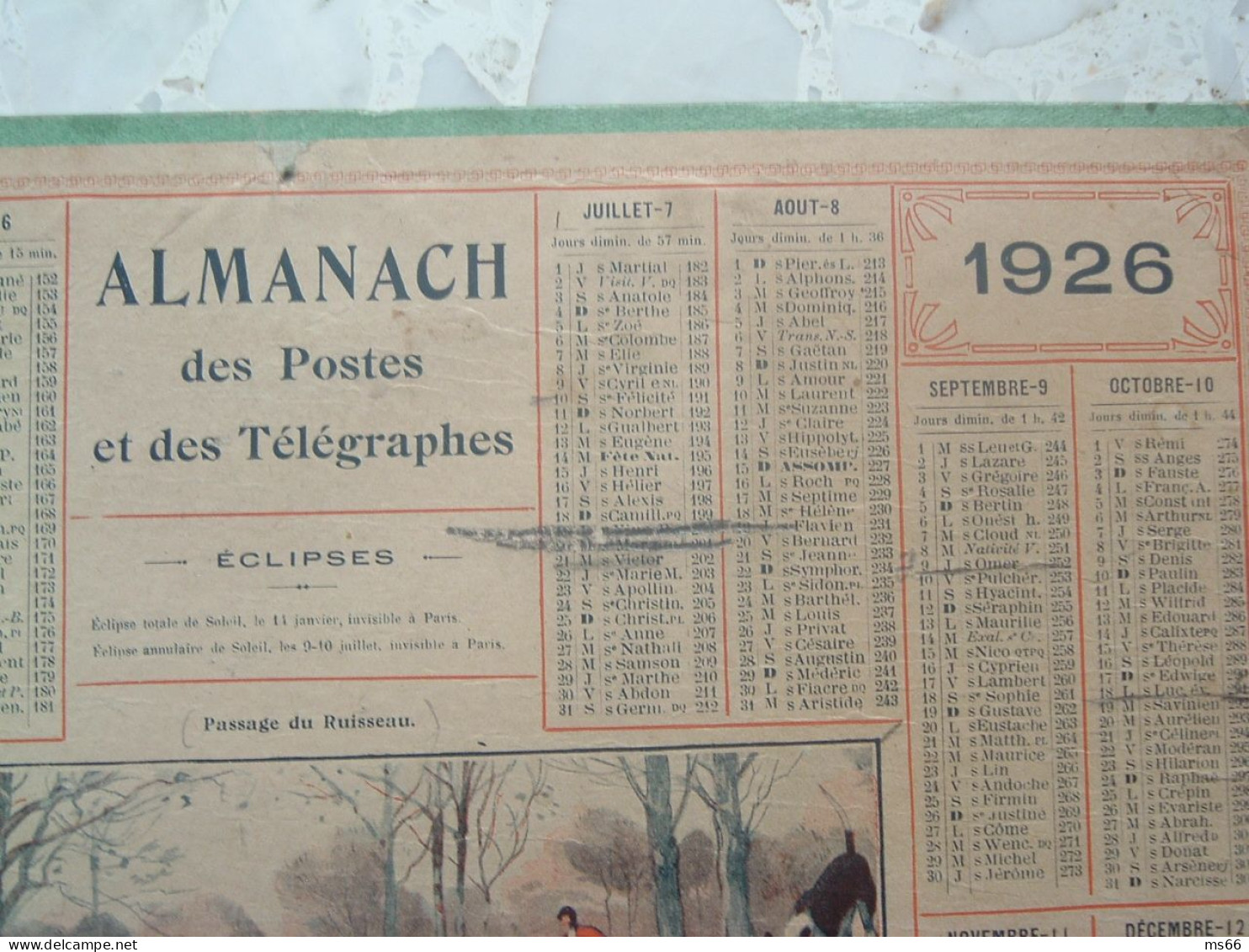 CALENDRIER 1926 POSTES & TELEGRAPHES Cartonné, Chasse à Courre, éphéméride Chasseur Cheval PTT Facteur Etrennes - Formato Grande : 1921-40