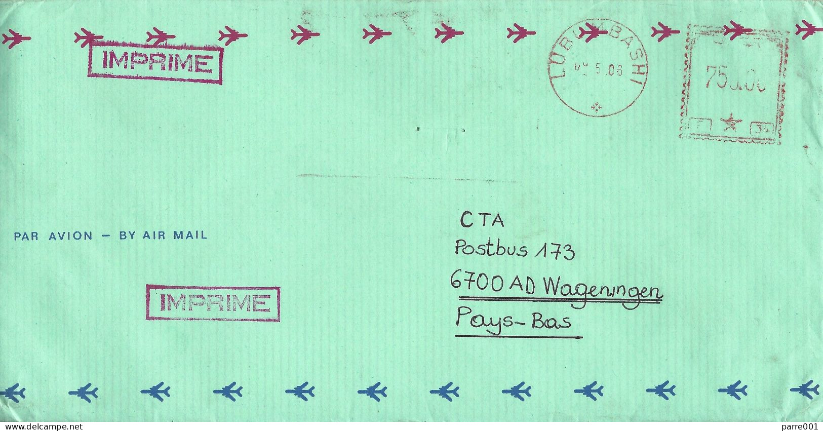 DRC Congo Zaire 2006 Lumumbashi Meter Francotyp “Cc” F34 Blank At Top EMA Cover Via Zambia - Lettres