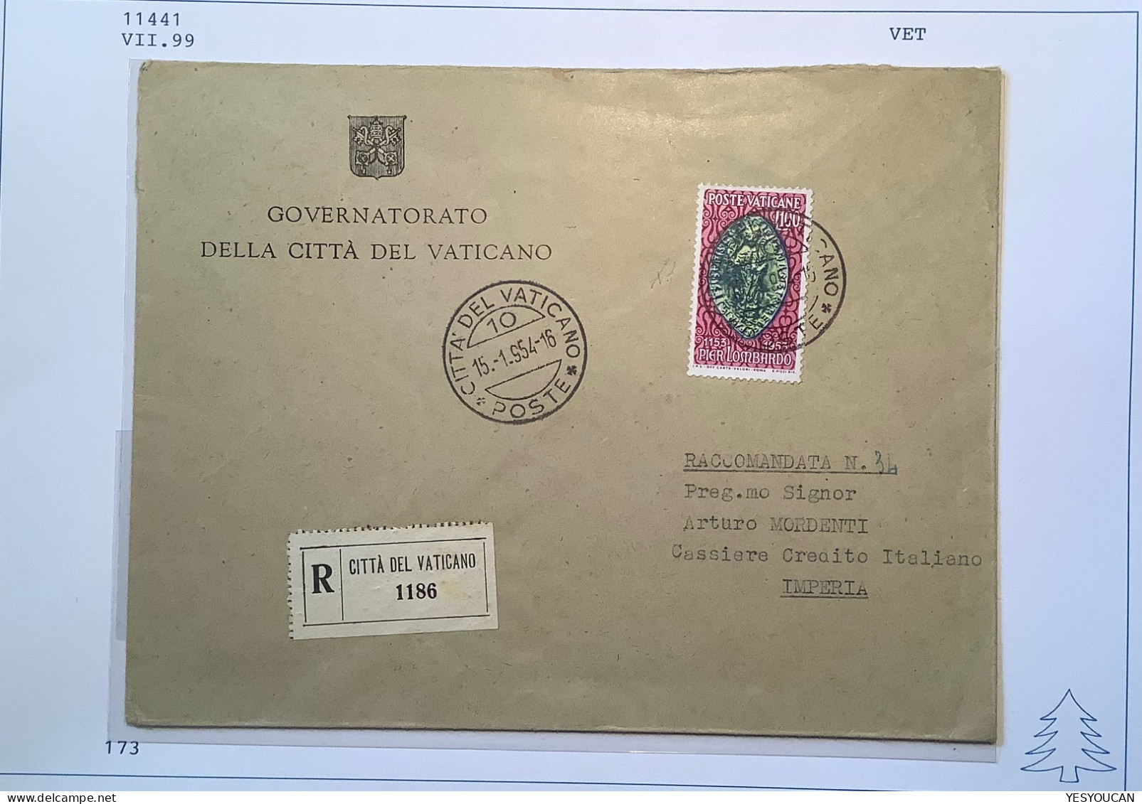 Sa.173 1953 100L Opere Pier Lombardo Lettera (Vatican Vaticano Italia Cover Lettre Christian Religion Literature - Lettres & Documents