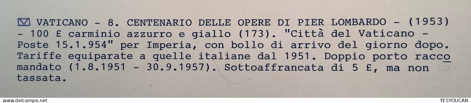 Sa.173 1953 100L Opere Pier Lombardo Lettera (Vatican Vaticano Italia Cover Lettre Christian Religion Literature - Brieven En Documenten