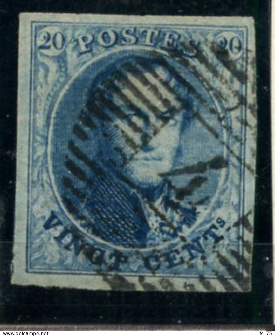 BELGIQUE - COB 4 - 20C BLEU TERNE PAPIER MINCE MEDAILLON MARGE OBLITERE - 1849-1850 Medaillen (3/5)