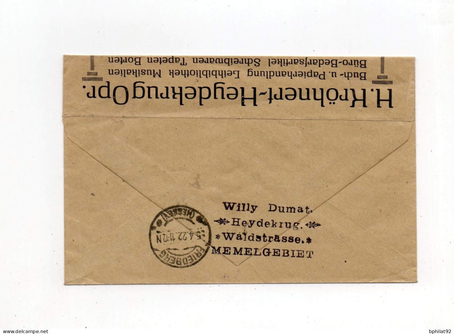 !!! MEMEL, LETTRE RECOMMANDEE D'HEYDEKRUG DE 1922 AFFRANCH MERSON - Lettres & Documents