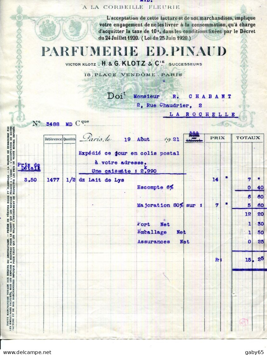 FACTURE.PARIS.PARFUMERIE ED.PINAUD.H. & G.KLOTZ 18 PLACE VENDOME. - Droguerie & Parfumerie