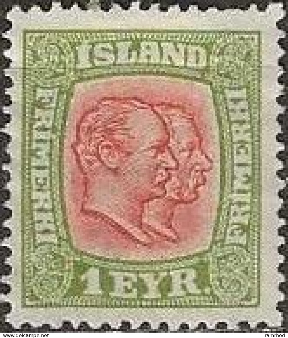 ICELAND 1907 Kings Christian IX And Frederik VIII - 1e. - Red And Green MNG - Unused Stamps