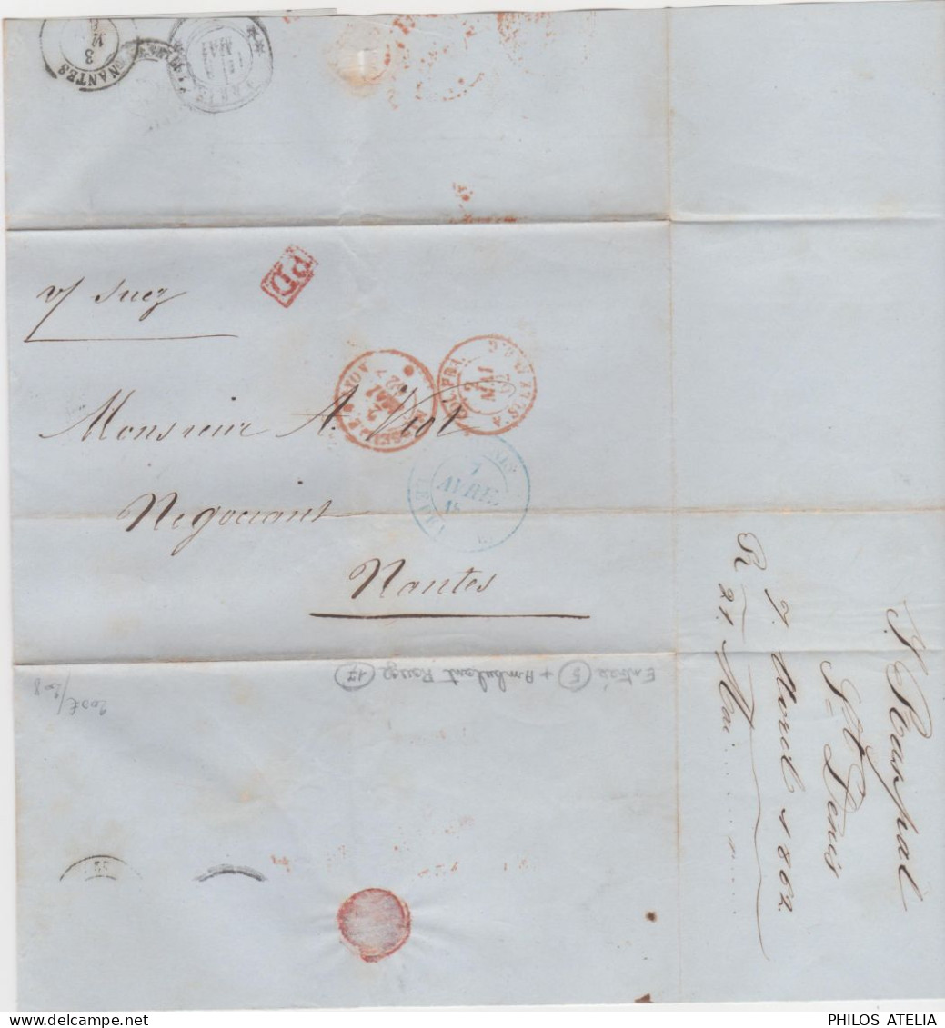 Maritime Manuscrit Via Suez CAD Bleu St Denis Réunion 1862 Cachet PD + Entrée COL FRA V SUEZ AMB G + Ambulant - Covers & Documents