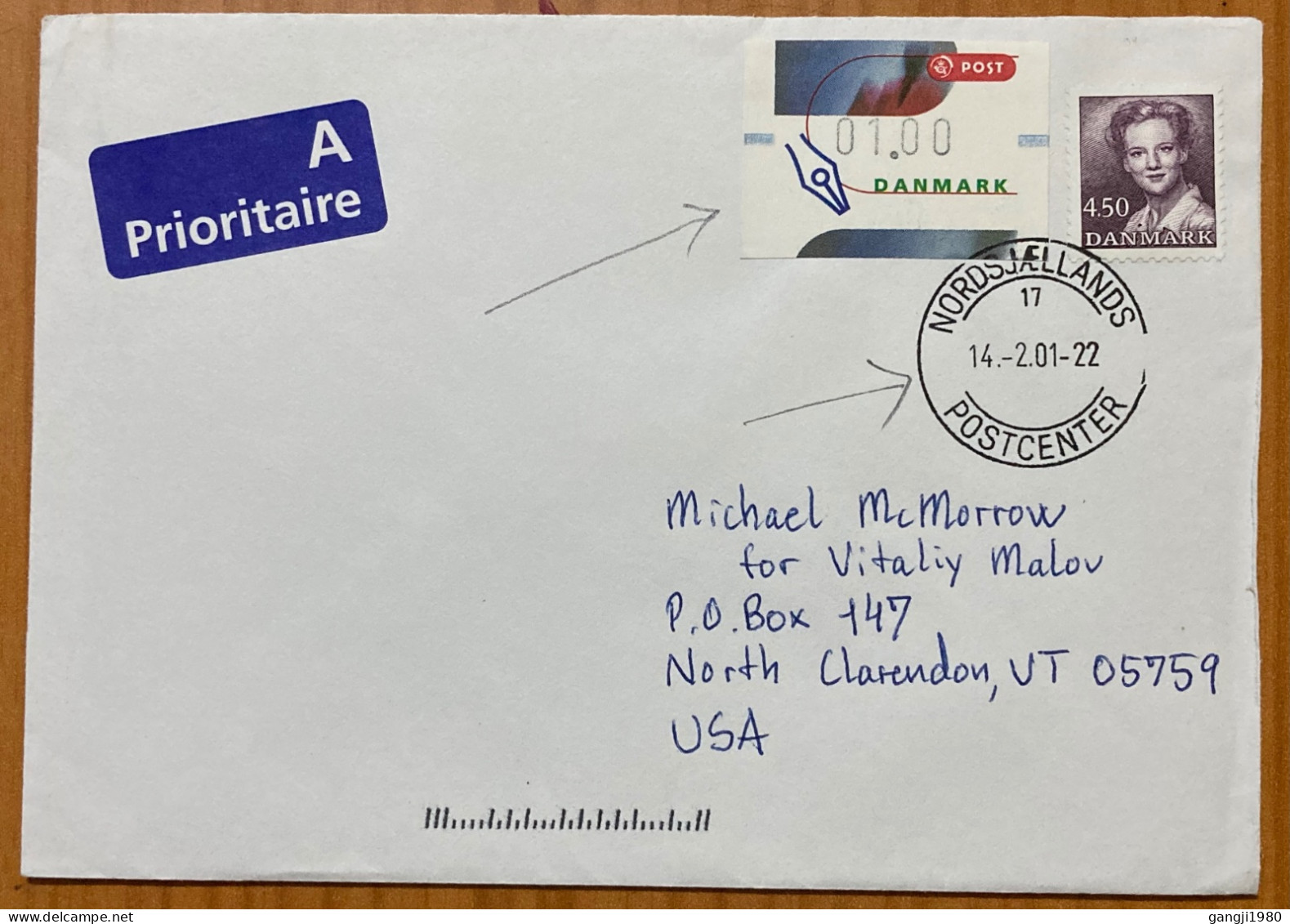 DENMARK-2001, COVER USED TO USA, ATM, PEEL & STICK STAMP, COMPUTAR PRINT STAMP, QUEEN STAMP, NORDSJAELLANDS CITY CANCEL. - Briefe U. Dokumente