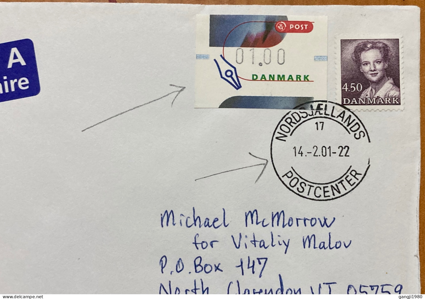 DENMARK-2001, COVER USED TO USA, ATM, PEEL & STICK STAMP, COMPUTAR PRINT STAMP, QUEEN STAMP, NORDSJAELLANDS CITY CANCEL. - Lettres & Documents