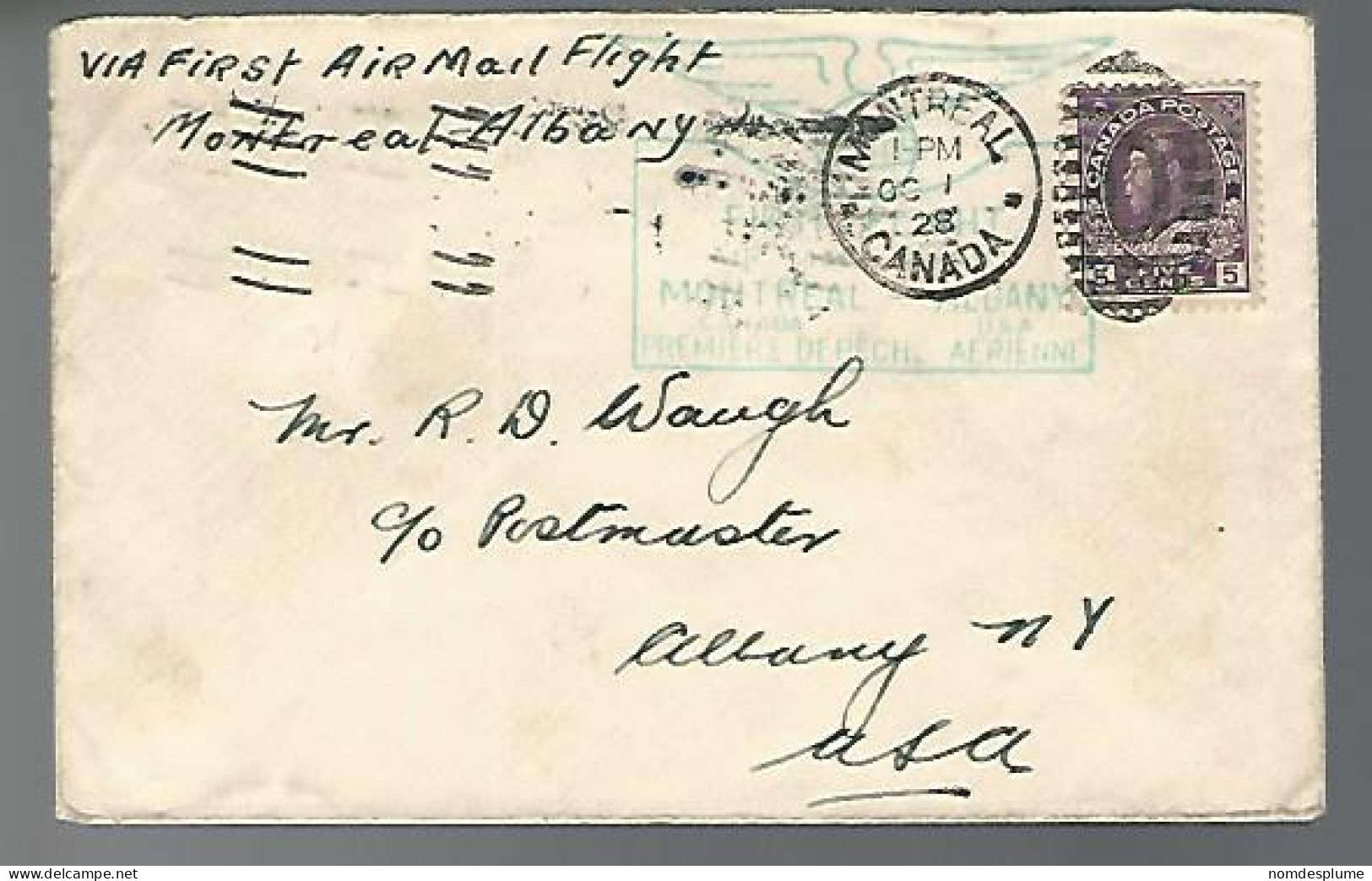 58131) Canada First Flight  Montreal Postmark Cancel Duplex 1928 To Albany - First Flight Covers