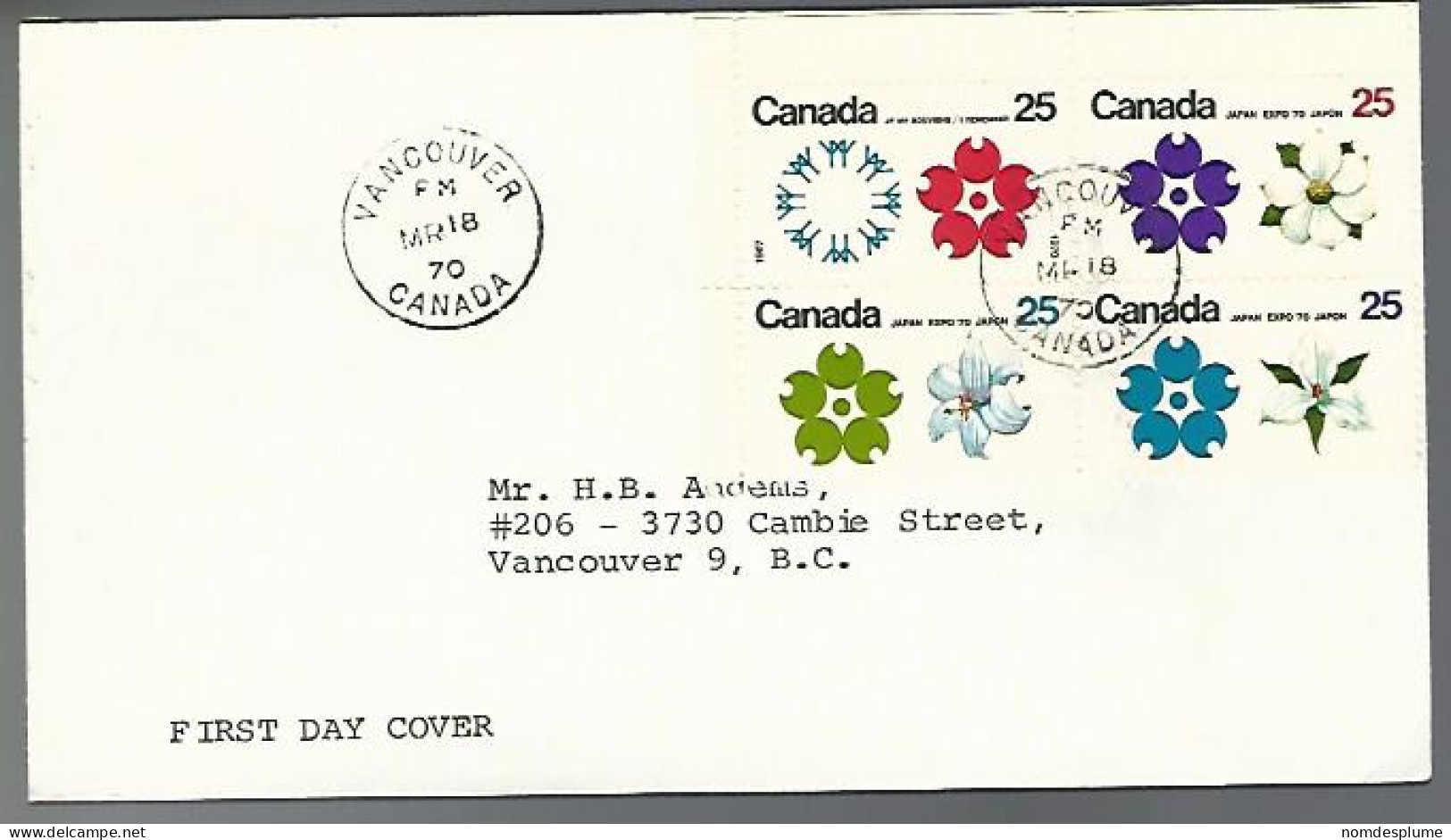 58132) Canada First Day Cover Vancouver Postmark Cancel Duplex 1970 Block - 1961-1970