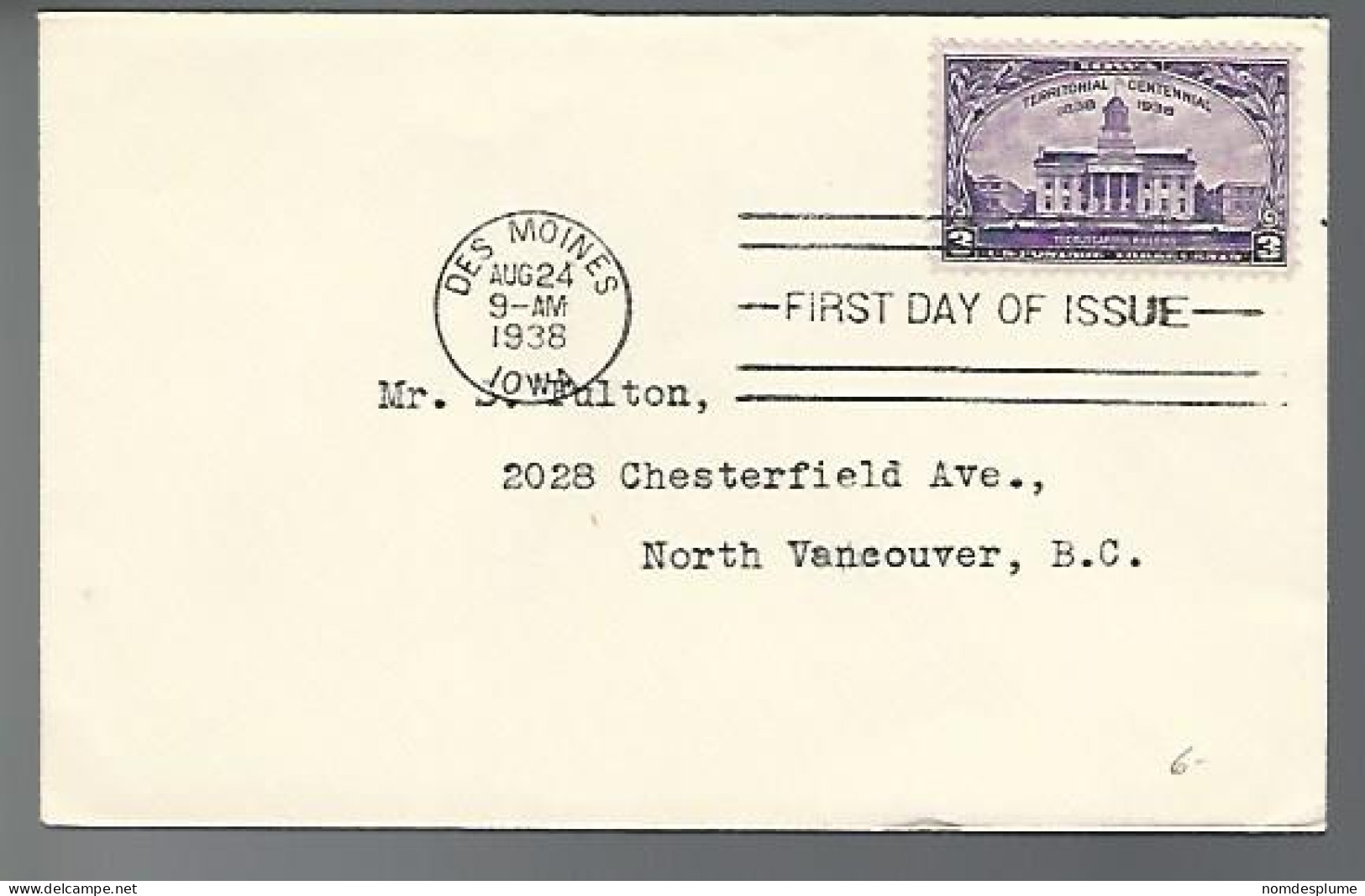 58135) USA First Day Cover Des Moines Postmark Cancel 1938 - 1851-1940