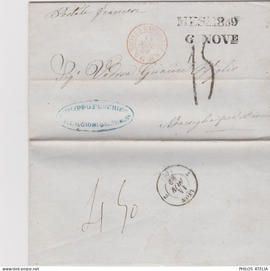 Maritime Manuscrit "postale Francese" CAD Rouge D SICILES MARSEILLE A.M  G Cachet Noir MESM8?9 6 NOVE - Sicilia