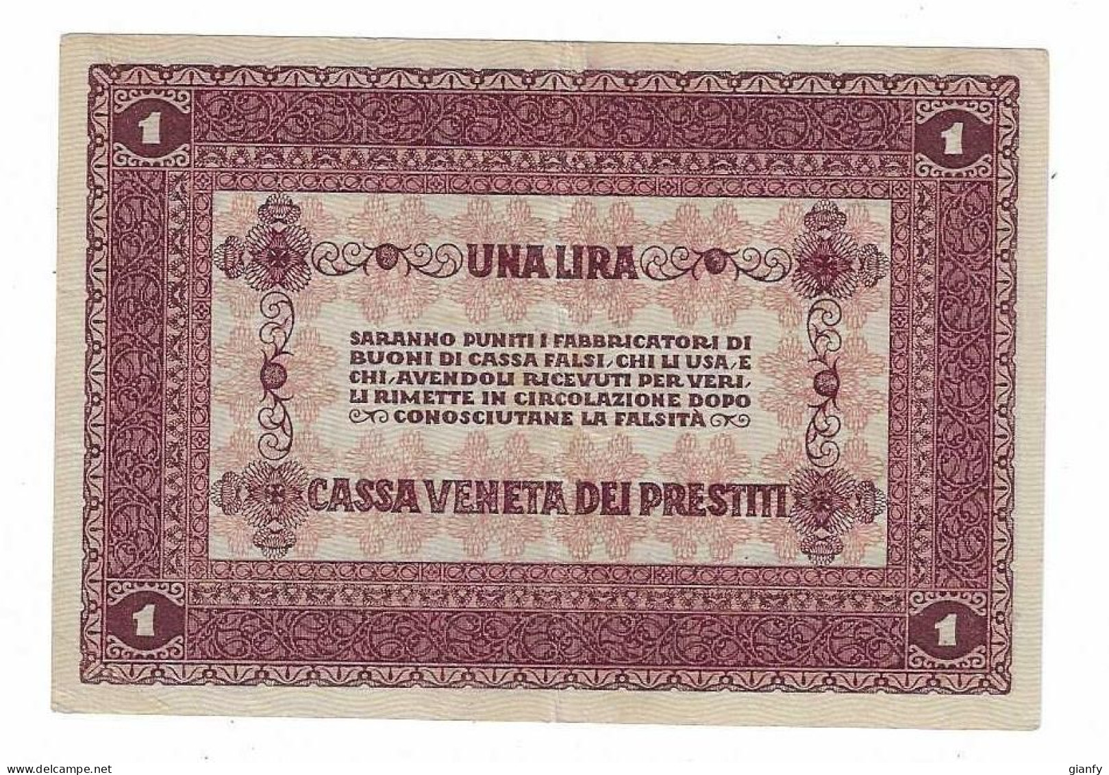OCCUPAZIONE AUSTRIACA BUONO DI CASSA VENETA DEI PRESTITI 1 LIRA 1918 BB - Sonstige & Ohne Zuordnung