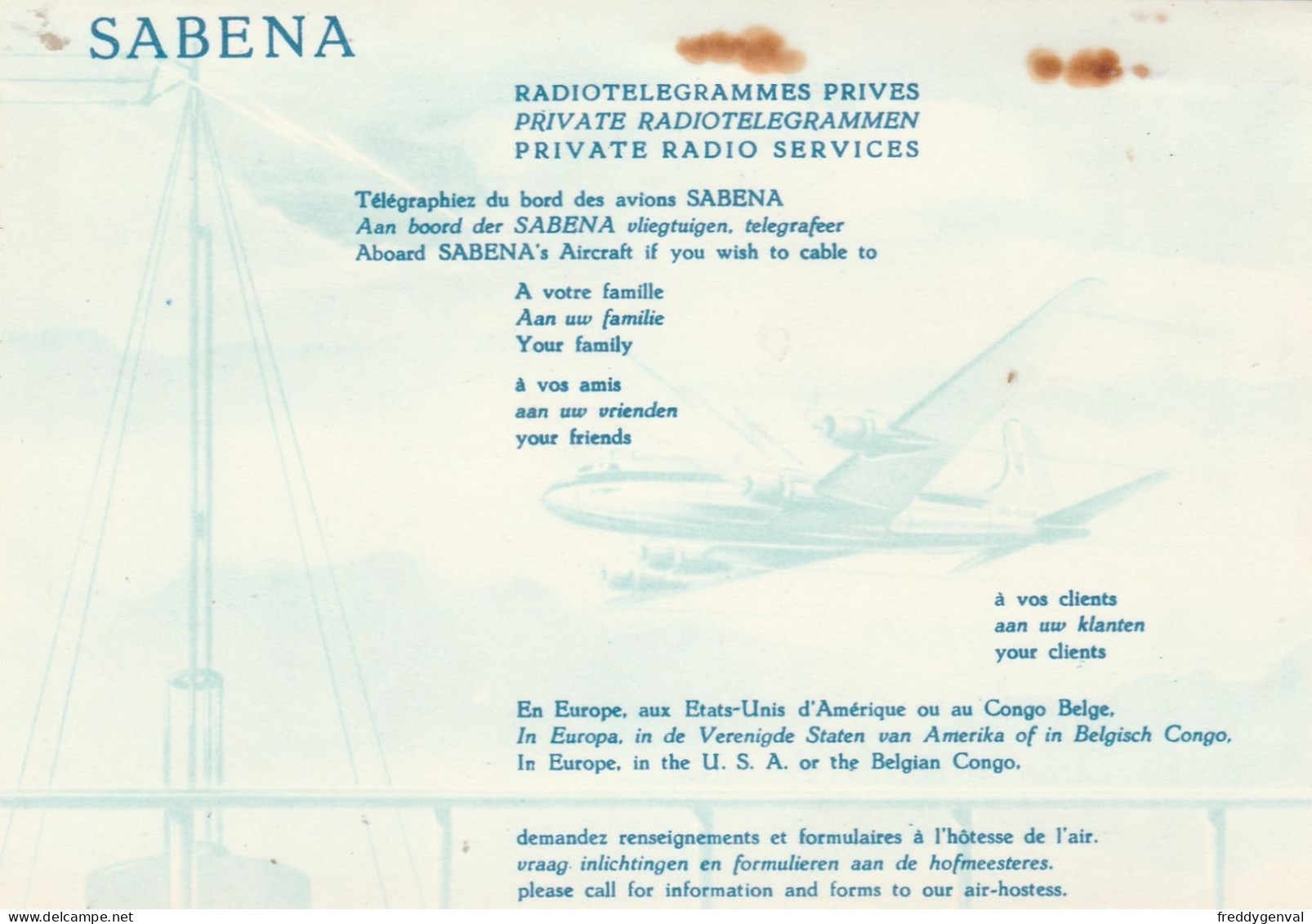 SABENA  PUBLICITE POUR RADIOTELEGRAMME - Verkehr & Transport