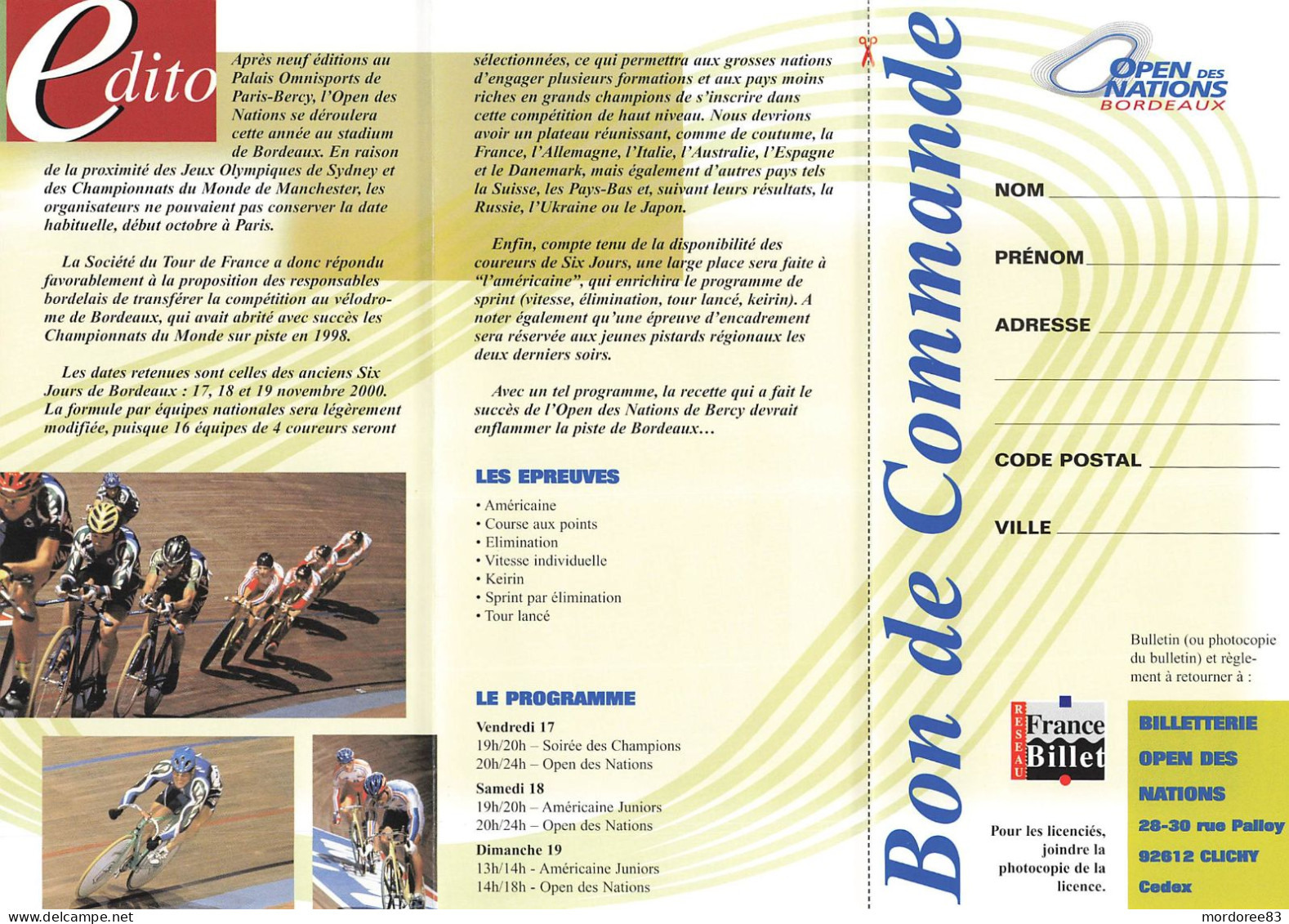 CYCLISME OPEN DES NATIONS BORDEAUX 2000 PLAQUETTE 3 VOLETS - Cyclisme