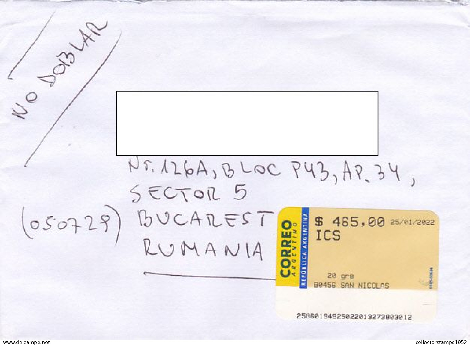 AMOUNT 465.00 MACHINE PRINTED STICKER STAMP ON COVER, 2022, ARGENTINA - Cartas & Documentos