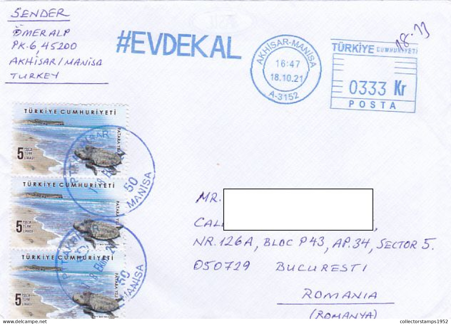 TURTLES, FINE STAMPS ON COVER, 2021, TURKEY - Briefe U. Dokumente