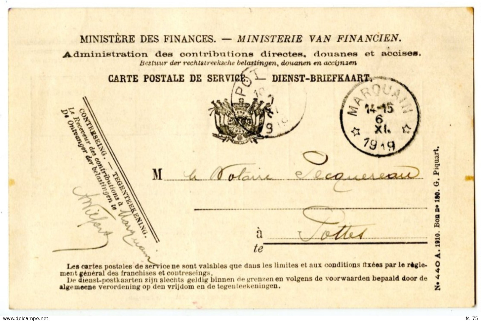 BELGIQUE - SIMPLE CERCLE RELAIS A ETOILES MARQUAIN SUR CARTE POSTALE DE SERVICE, 1919 - Sternenstempel