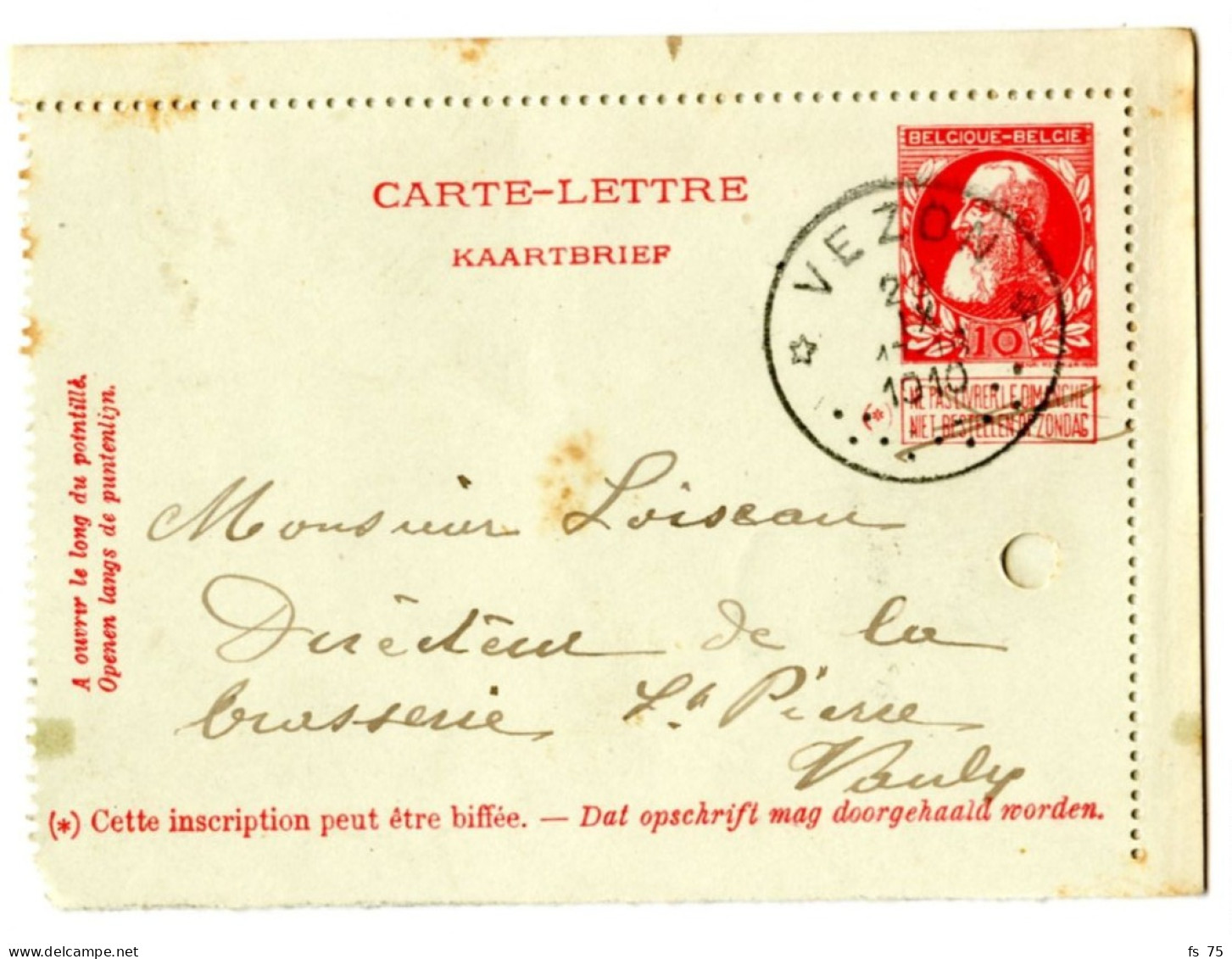 BELGIQUE - SIMPLE CERCLE RELAIS A ETOILES VEZON SUR ENTIER CARTE LETTRE 10C GROSSE BARBE, 1910 - Cachets à étoiles