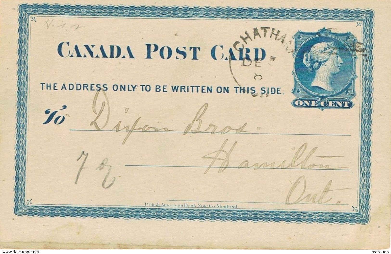 50095. Entero Postal CHATHAM (Ontario) Canada 1881. 1 Ctvo Reina Victoria - 1860-1899 Règne De Victoria
